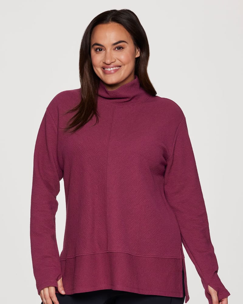 Front of a model wearing a size 2X Plus Studio Jacquard Mock Neck Pullover in Mulberry by RBX Active. | dia_product_style_image_id:315806